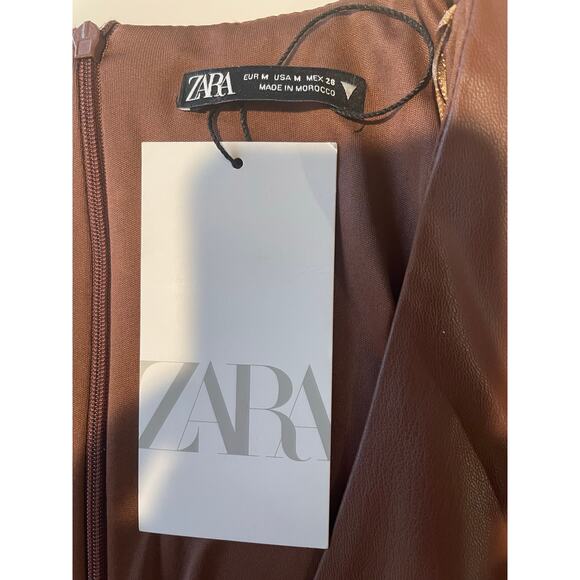 Zara Faux Leather Mini Dress NWT Brown Surplice V-Neck Ruched Long Sleeves Sz M - Picture 2 of 12